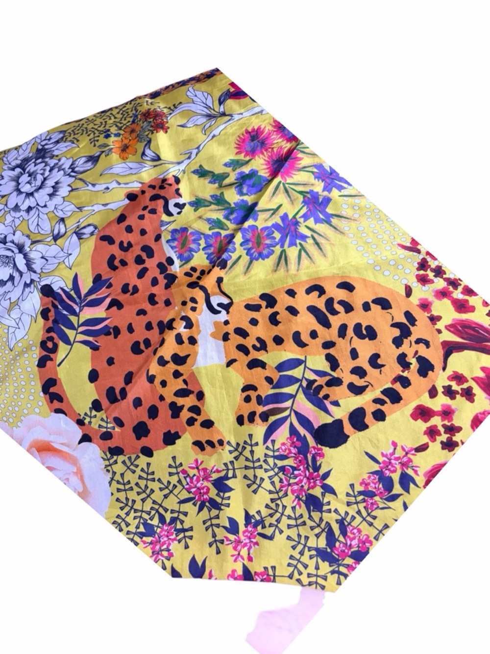 Vibrant Yellow Floral Silk Scarf with Leopard Motif